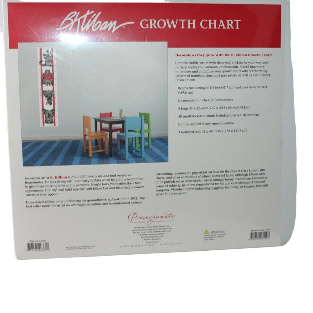 B. Kliban Child Kids Wall Growth Chart White Red Cats Stickers 11" x 48" Sealed - Picture 6 of 9